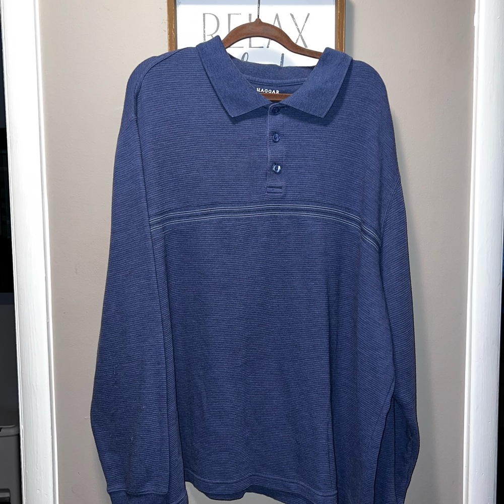 Blue men’s oversized long sleeve polo shirt. size 3XL thrifted and vintage